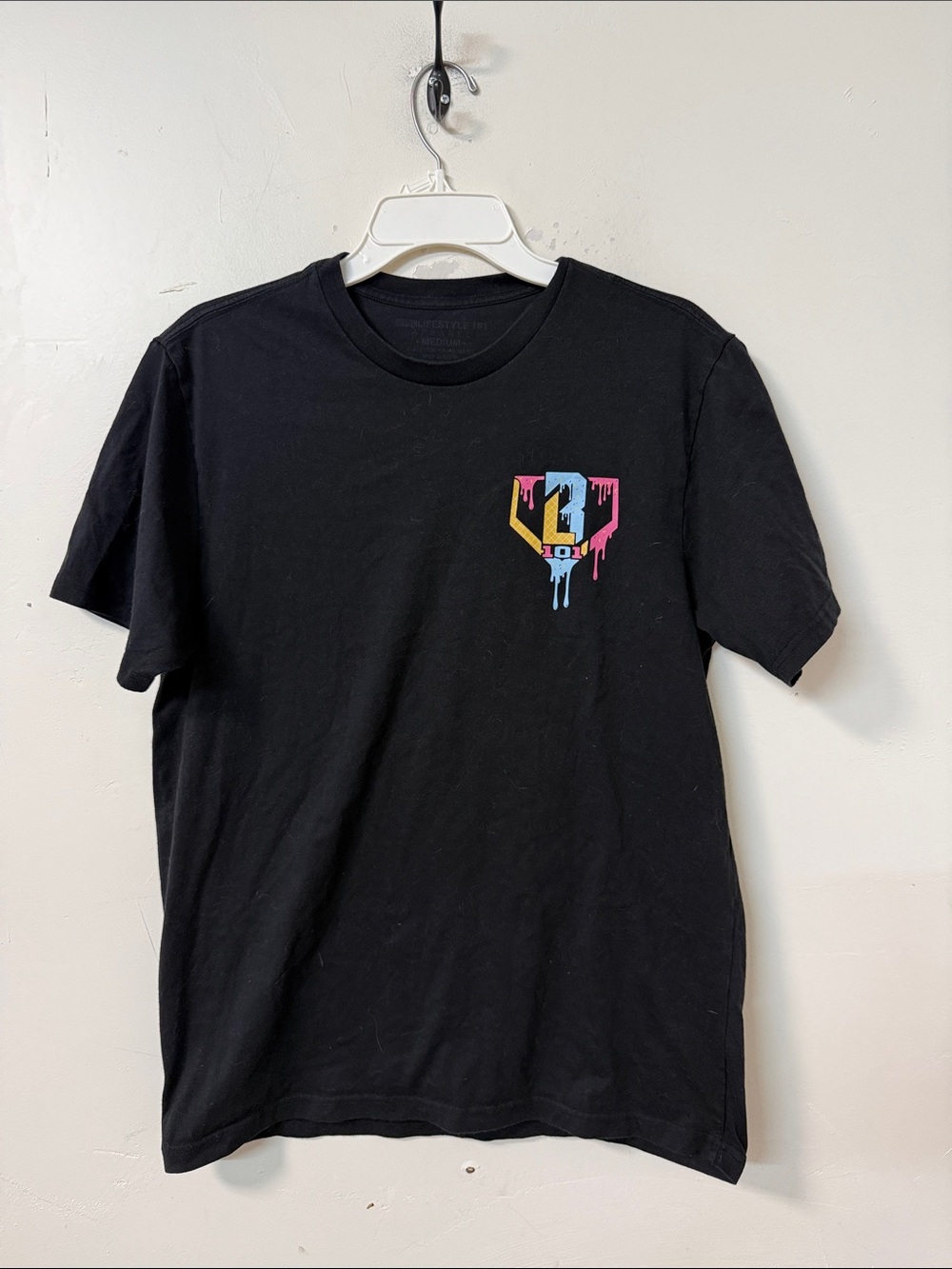 Black Short-Sleeve Crewneck T-Shirt with Color Drip Graphic